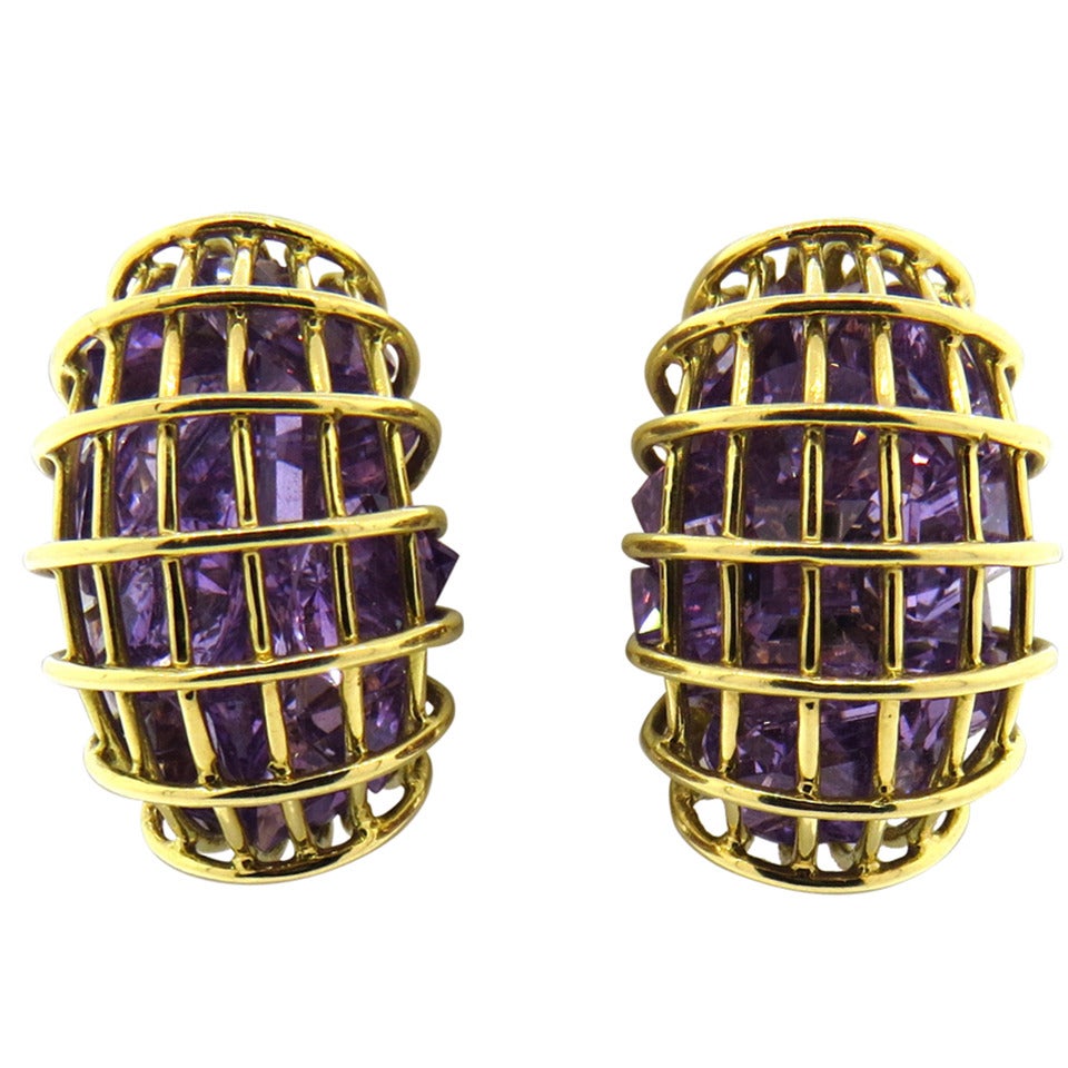 Verdura Caged Amethyst Gold Earrings