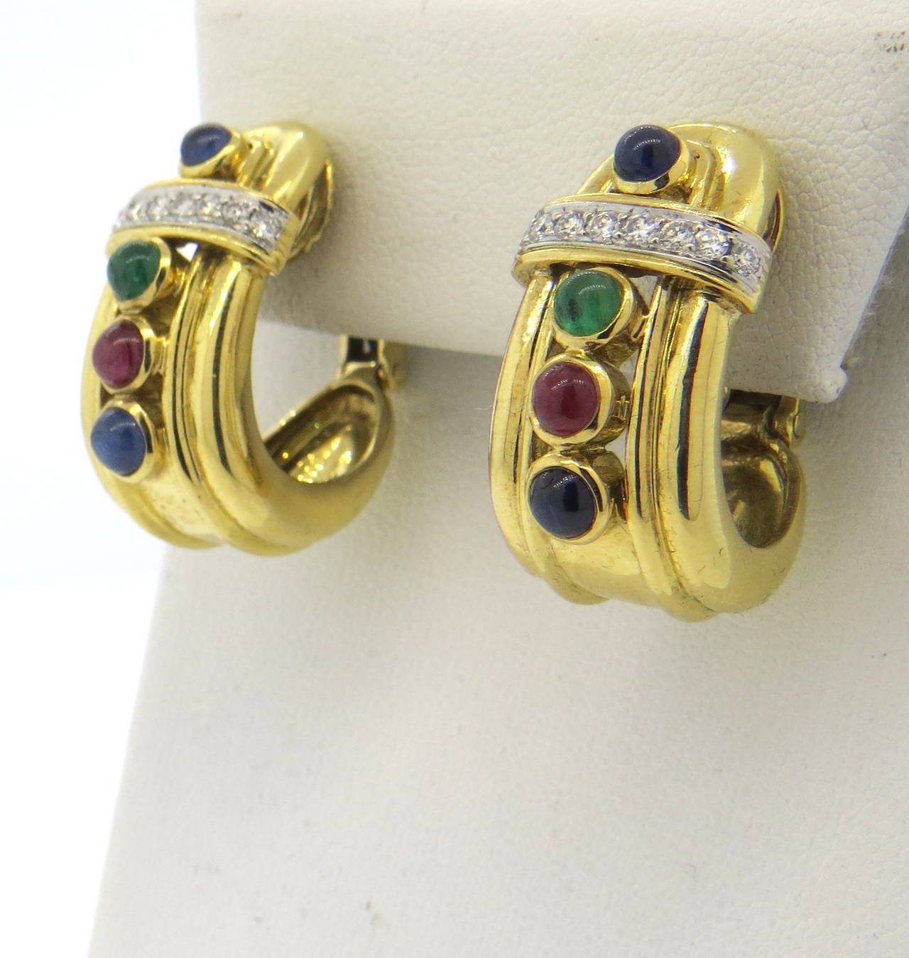 David Webb Sapphire Diamond Emerald Ruby Gold and Platinum Earrings In Excellent Condition In Lambertville, NJ