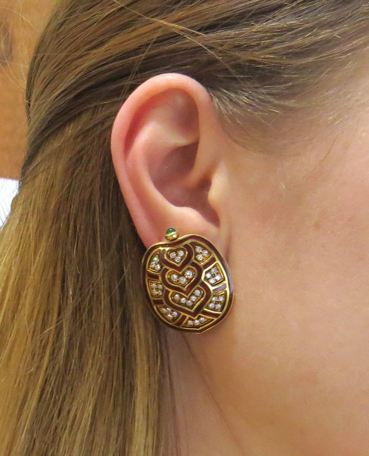 Impressive Judith Leiber Diamond Emerald Enamel Gold Earrings In Excellent Condition In Lambertville, NJ