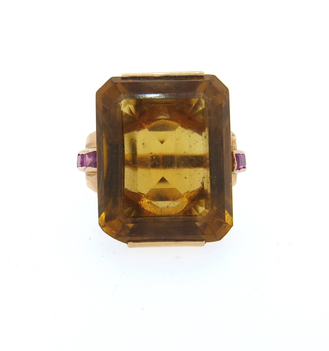 1940s Large Citrine Ruby Rose Gold Ring In Excellent Condition In Lambertville, NJ
