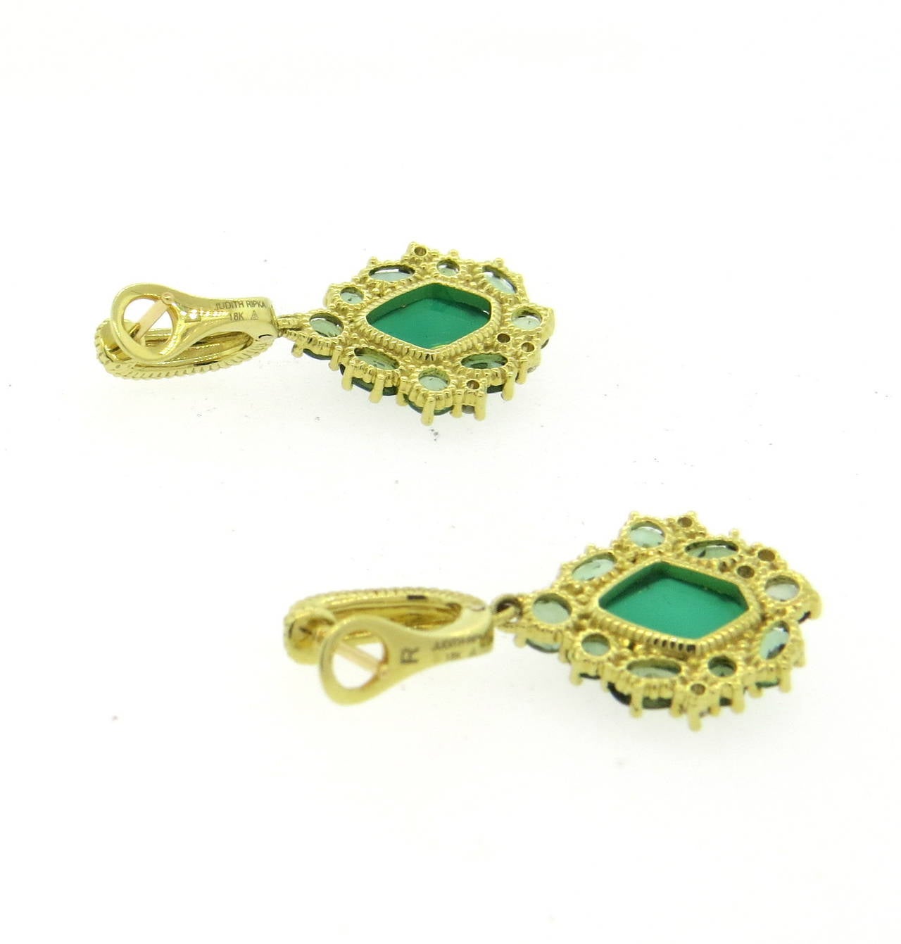 A pair of 18k yellow gold earrings set with approximately 0.20ctw of G/VS diamonds, green chalcedony, quartz and tourmaline.  Crafted by Judith Ripka, the earrings measure 35mm x 17mm and weigh 9.7 grams.  Marked Judith Ripka 18k.