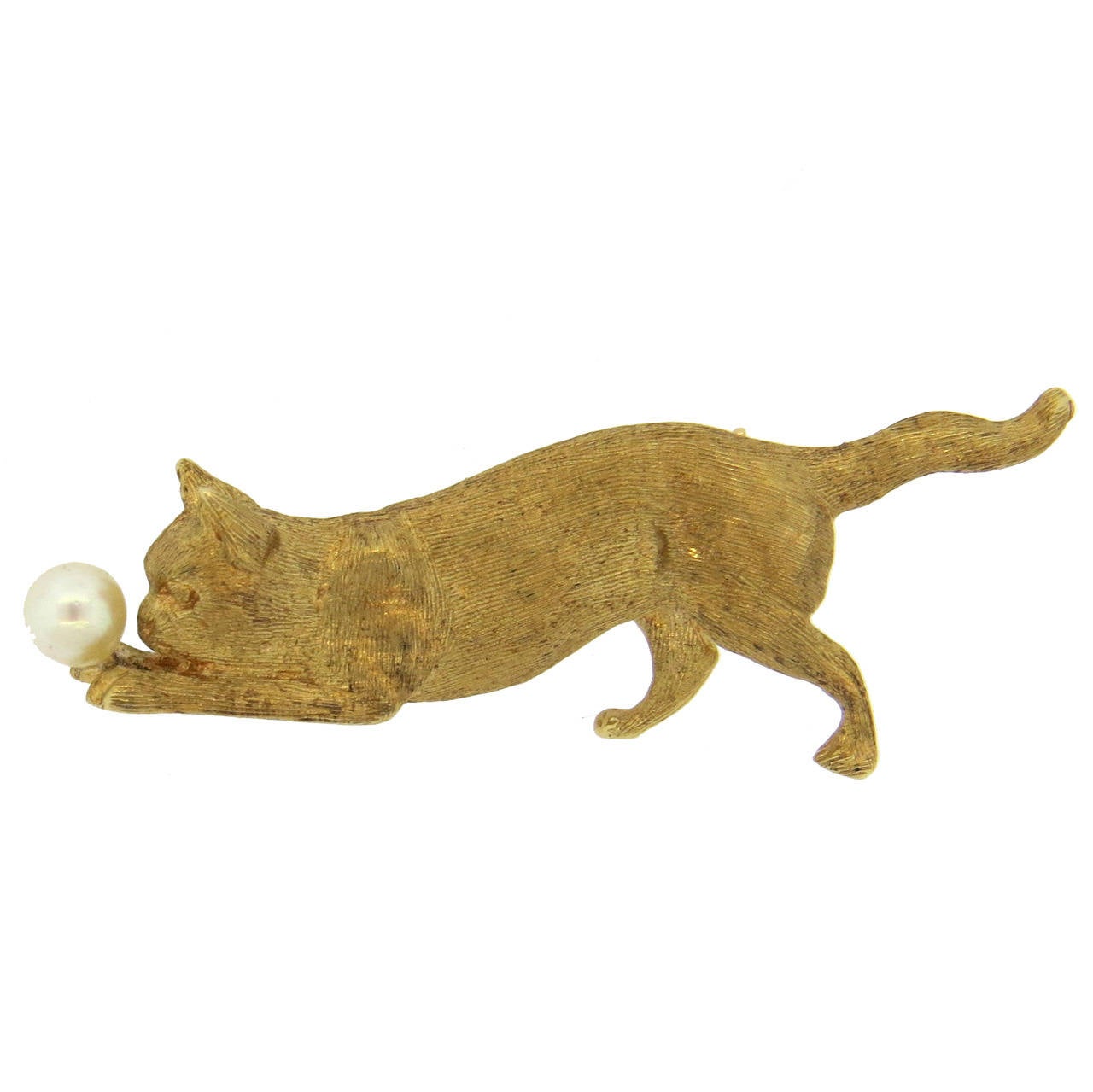 Whimsical Brushed Gold Pearl Playing Cat Brooch