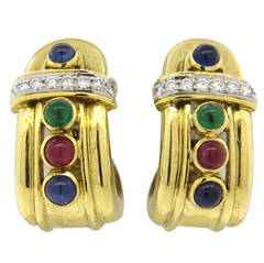 David Webb Sapphire Diamond Emerald Ruby Gold and Platinum Earrings