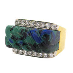 David Webb Carved Azurite Diamond Gold Platinum Ring 9