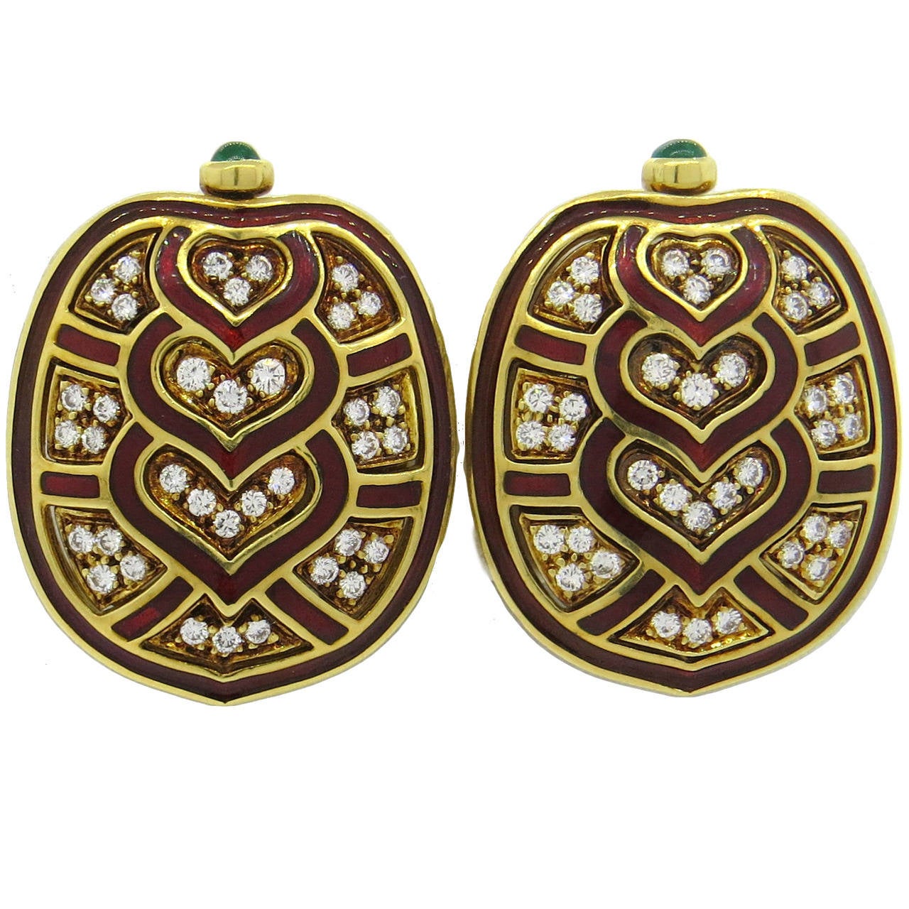 Impressive Judith Leiber Diamond Emerald Enamel Gold Earrings