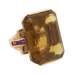 1940s Large Citrine Ruby Rose Gold Ring