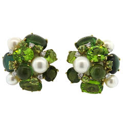 Peridot Pearl Diamond Tourmaline Gold Cocktail Earrings