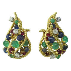 1960s Diamond Ruby Emerald Sapphire Cabochon Gold Earrings