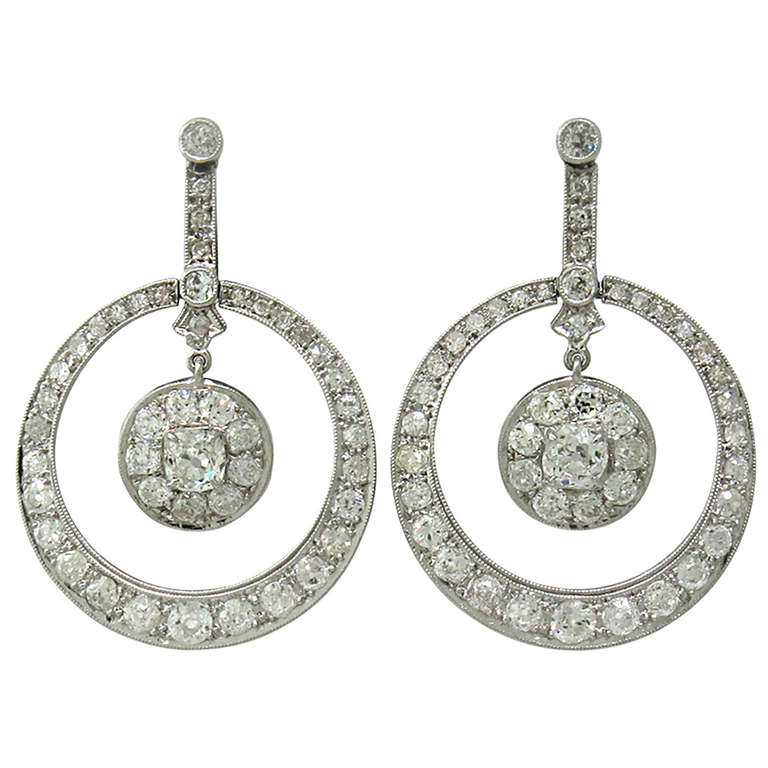 Antique Platinum Diamond Drop Circle Earrings at 1stdibs