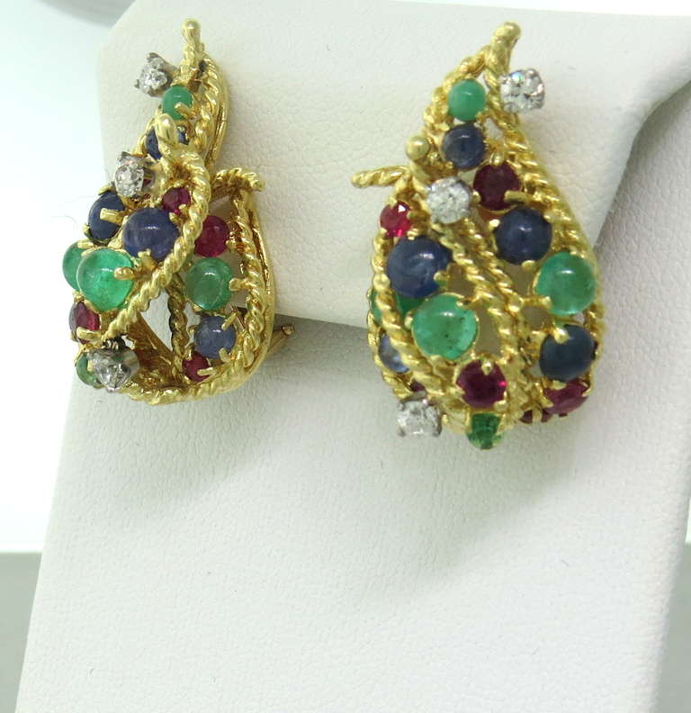 1960s Diamond Ruby Emerald Sapphire Cabochon Gold Earrings