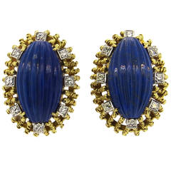 1970s Carved Lapis Diamond Gold Earrings