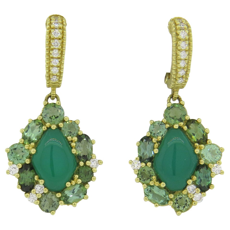 Judith Ripka Green Chalcedony Gemstone Diamond Drop Earrings