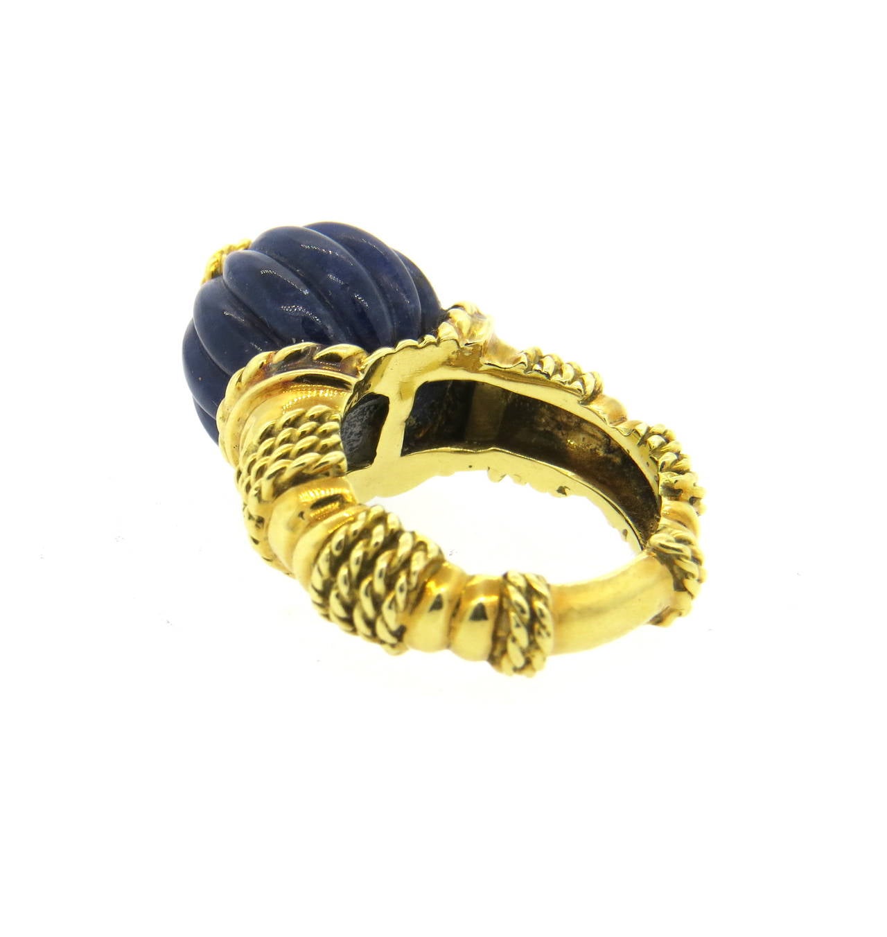 1960s Carved Lapis Diamond Gold Ring In Excellent Condition In Lambertville, NJ