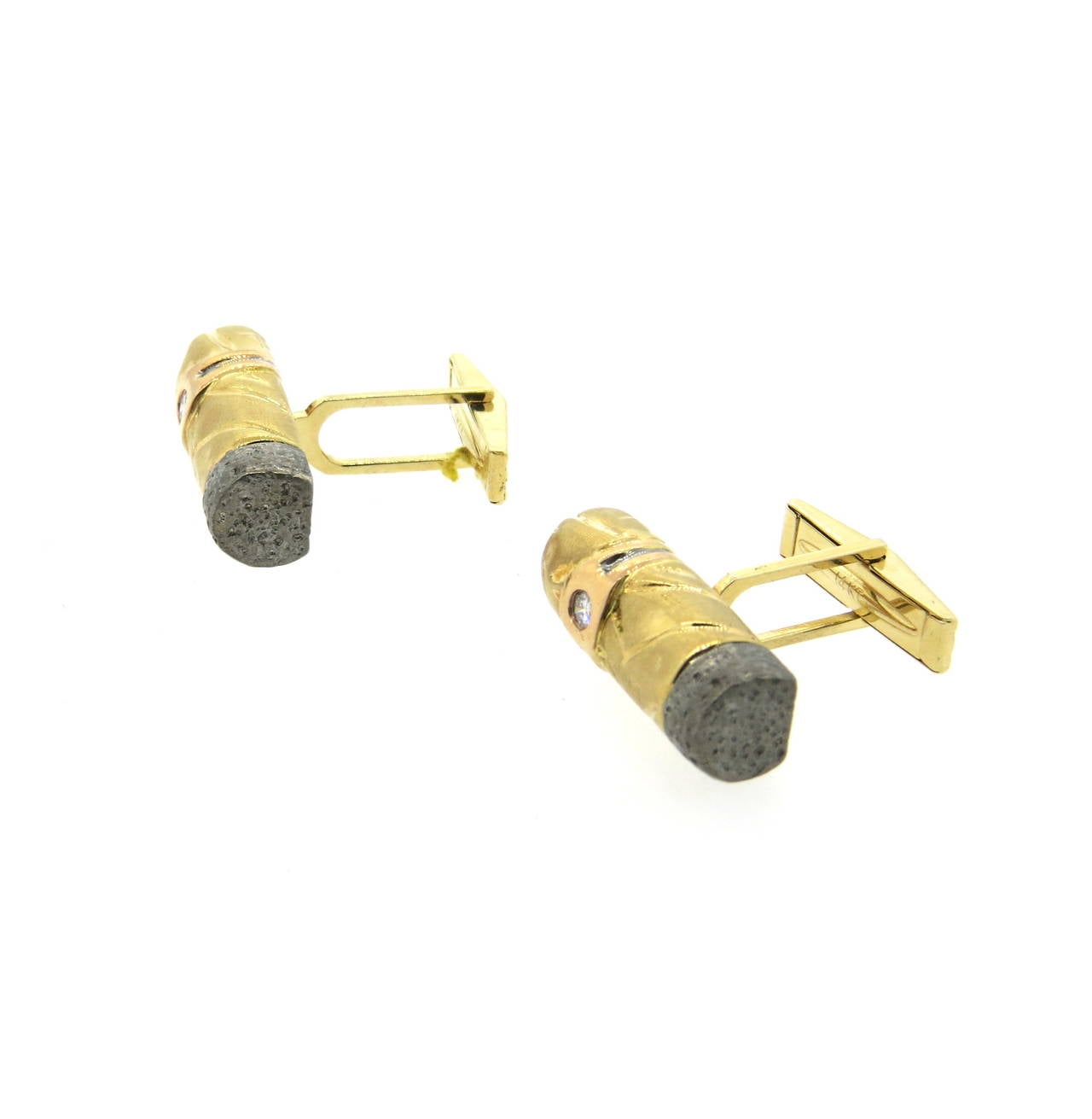 1970s Diamond Gold Cigar Cufflinks Stud Set In Excellent Condition For Sale In Lambertville, NJ