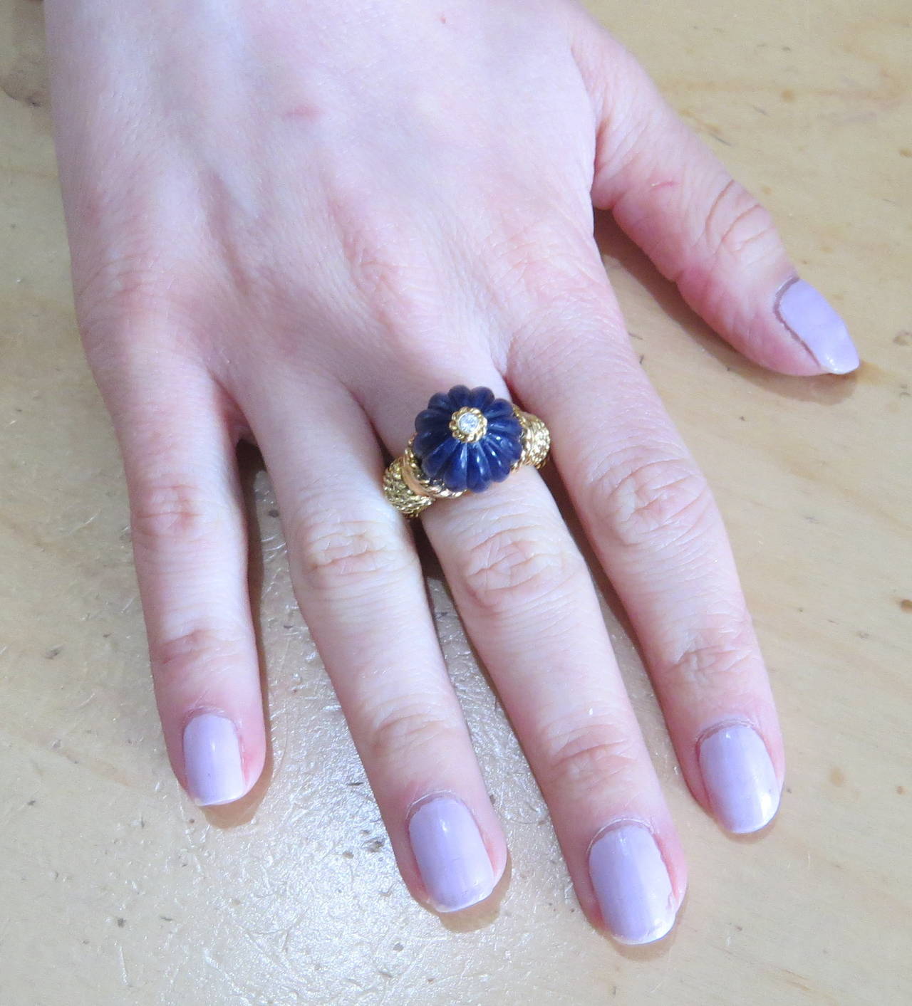 Women's 1960s Carved Lapis Diamond Gold Ring