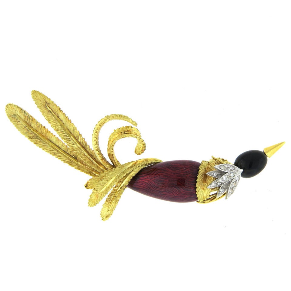Orletto Italy Enamel Diamond Gold Bird Brooch Pin