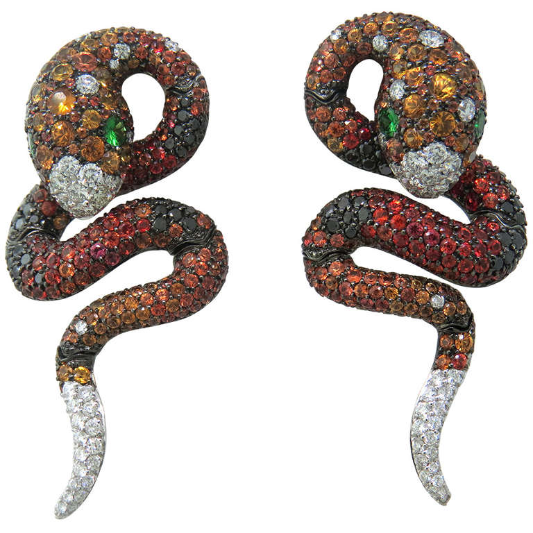 Impressive Multi Color Sapphire Green Garnet Diamond Gold Snake Earrings