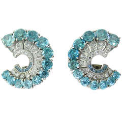 Antique Art Deco Platinum Blue Zircon Aquamarine Diamond Earrings
