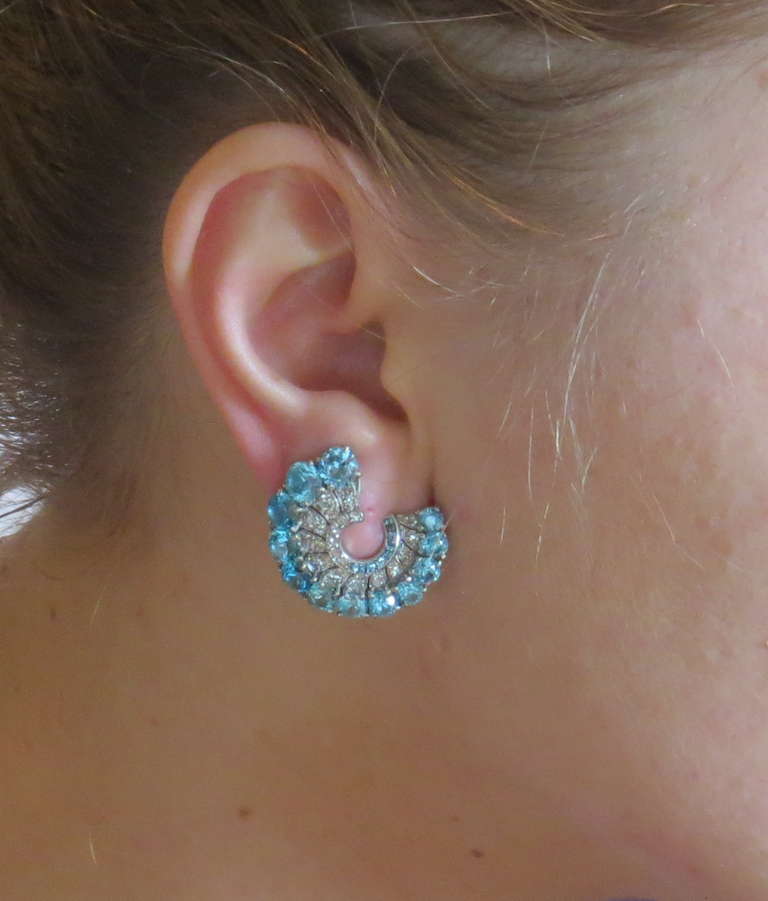 Art Deco Platinum Blue Zircon Aquamarine Diamond Earrings In Excellent Condition In Lambertville, NJ