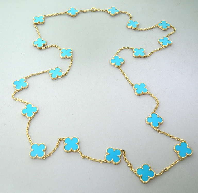 Van Cleef & Arpels 18k gold and turquoise necklace from Vintage Alhambra collection,featuring 20 clover motifs - each measuring 15mm x 15nn, Necklace is 33