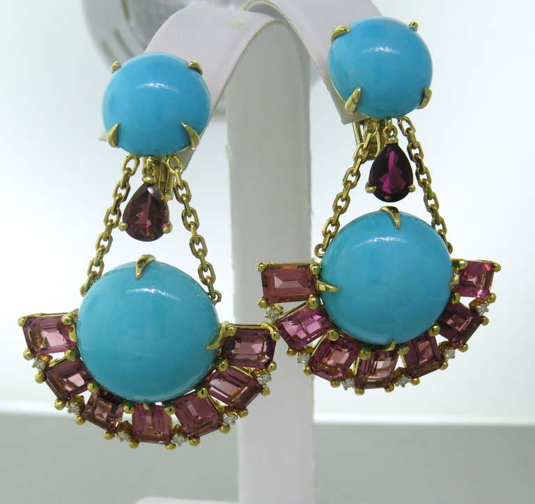 18k yellow gold earrings with approx. 20ctw turquoise,0.20ctw diamonds and pink tourmaline gemstones. Earrings are 47mm x 35mm, collapsible posts. weight - 35.8g