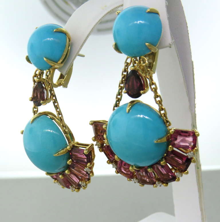 Turquoise Pink Tourmaline Turquoise Diamond Gold Earrings In Excellent Condition In Lambertville, NJ