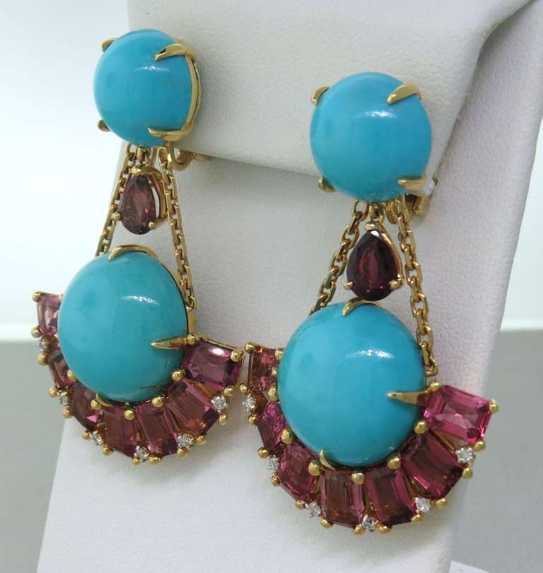 Women's Turquoise Pink Tourmaline Turquoise Diamond Gold Earrings