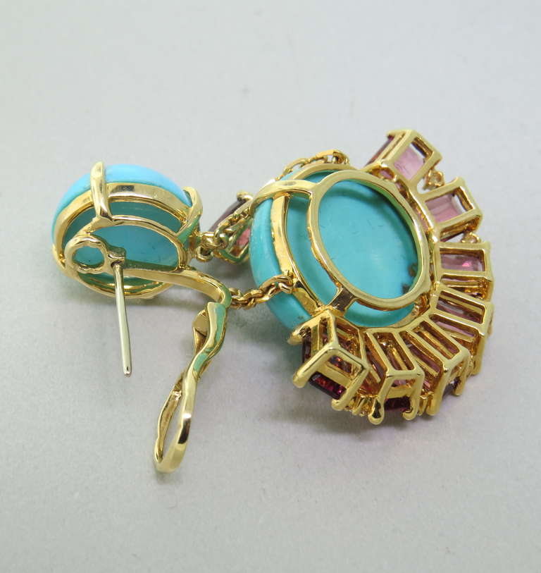 Turquoise Pink Tourmaline Turquoise Diamond Gold Earrings 1