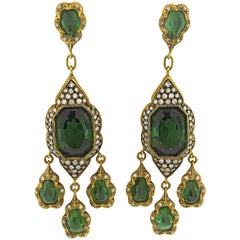 Vintage Impressive Cathy Waterman Green Tourmaline Diamond Gold Chandelier Earrings