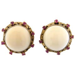 Large 1960s Angel Skin Coral Ruby Gold Earrings