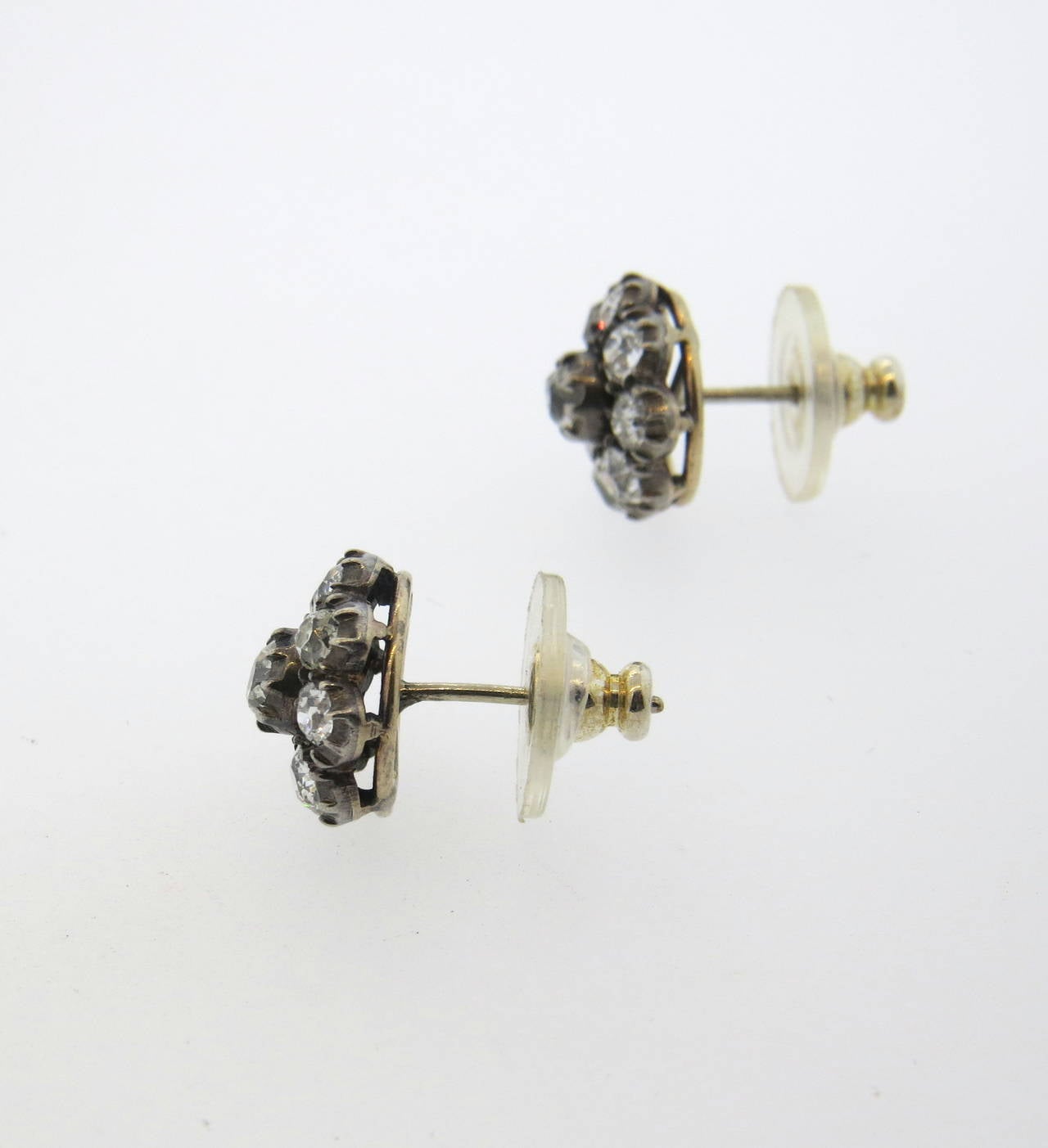 Antique Old Mine Cut Diamond Silver Gold Stud Earrings In Excellent Condition In Lambertville, NJ