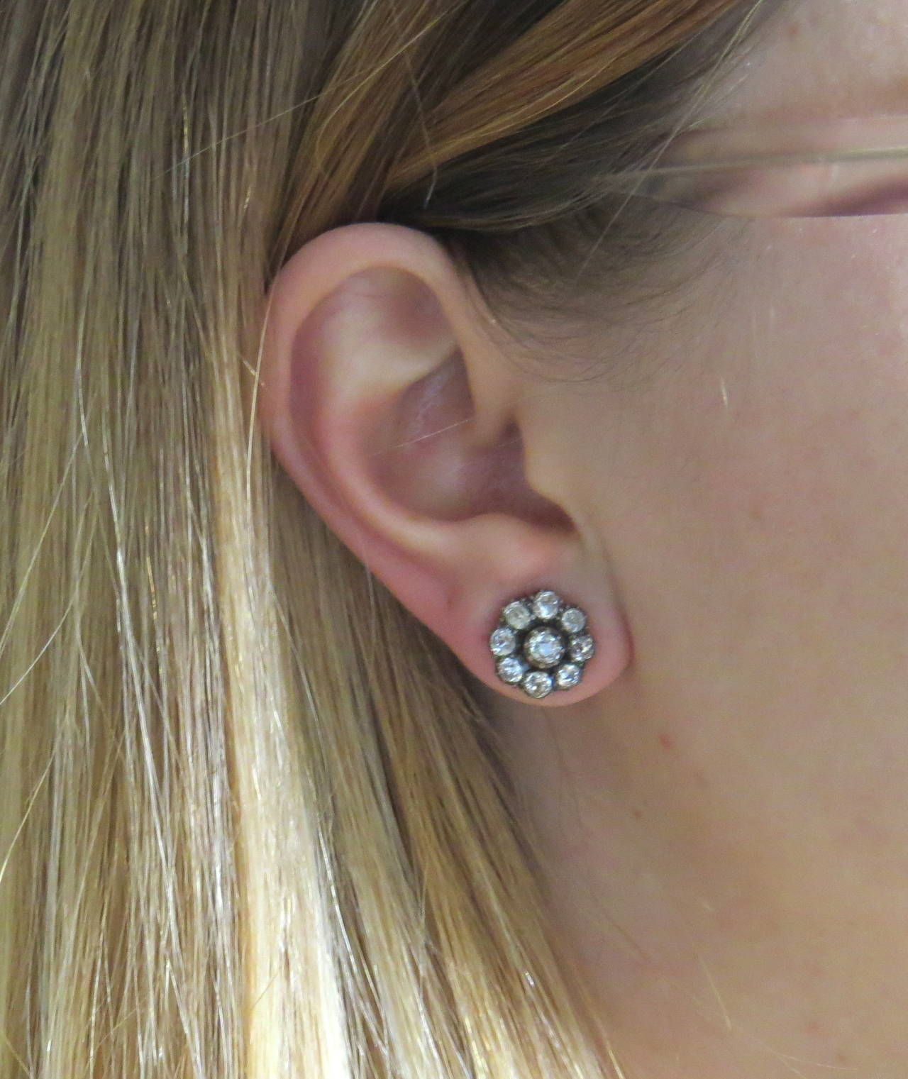 Women's Antique Old Mine Cut Diamond Silver Gold Stud Earrings