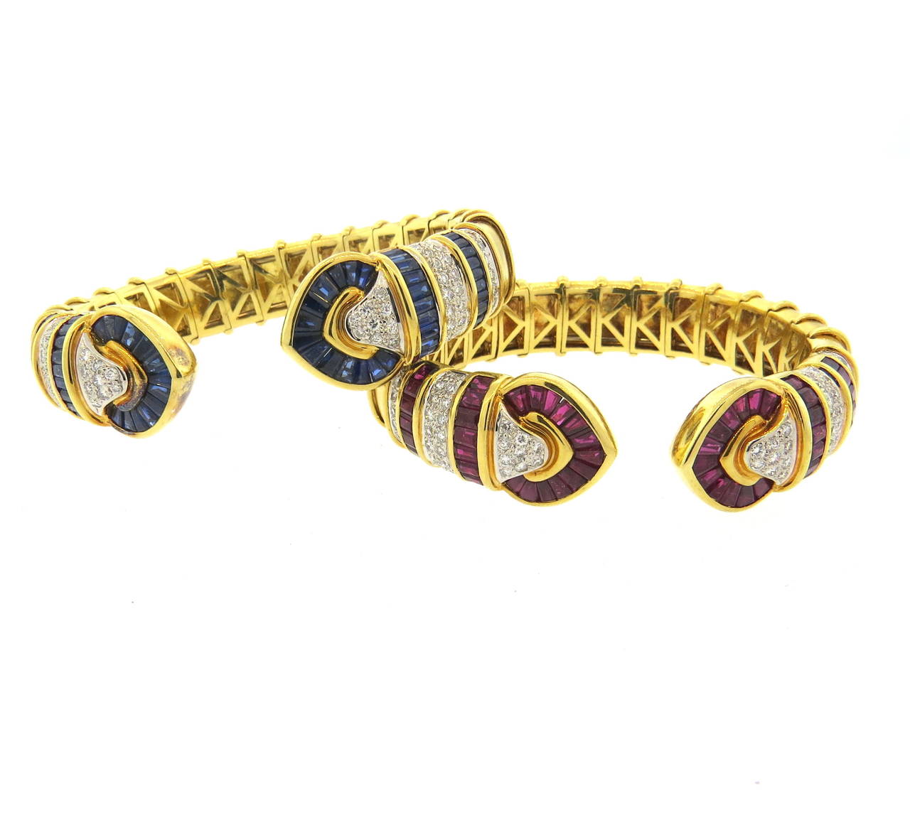 Fine Ruby Sapphire Diamond Gold Cuff Bracelet Set 4