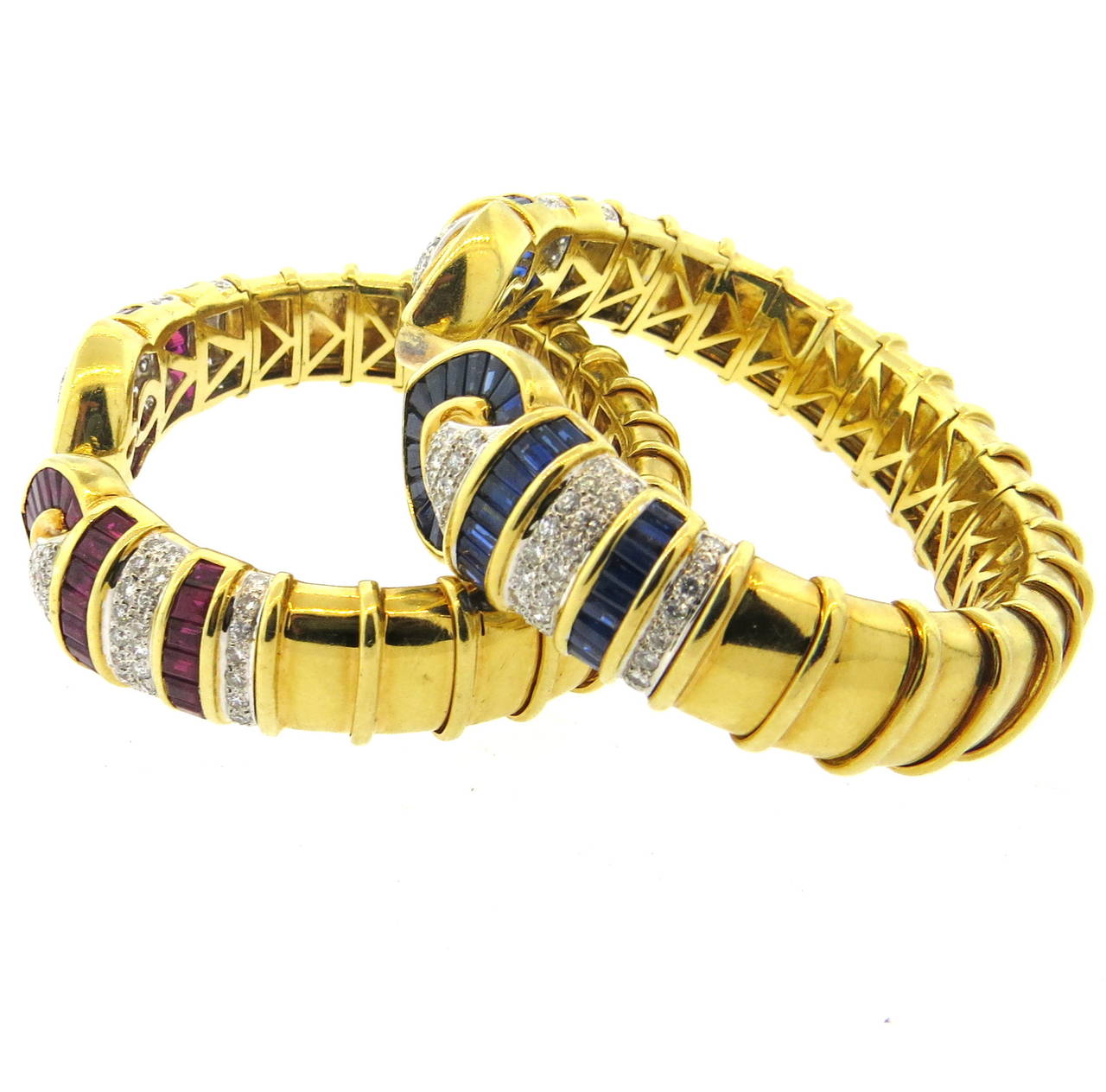 Fine Ruby Sapphire Diamond Gold Cuff Bracelet Set 5