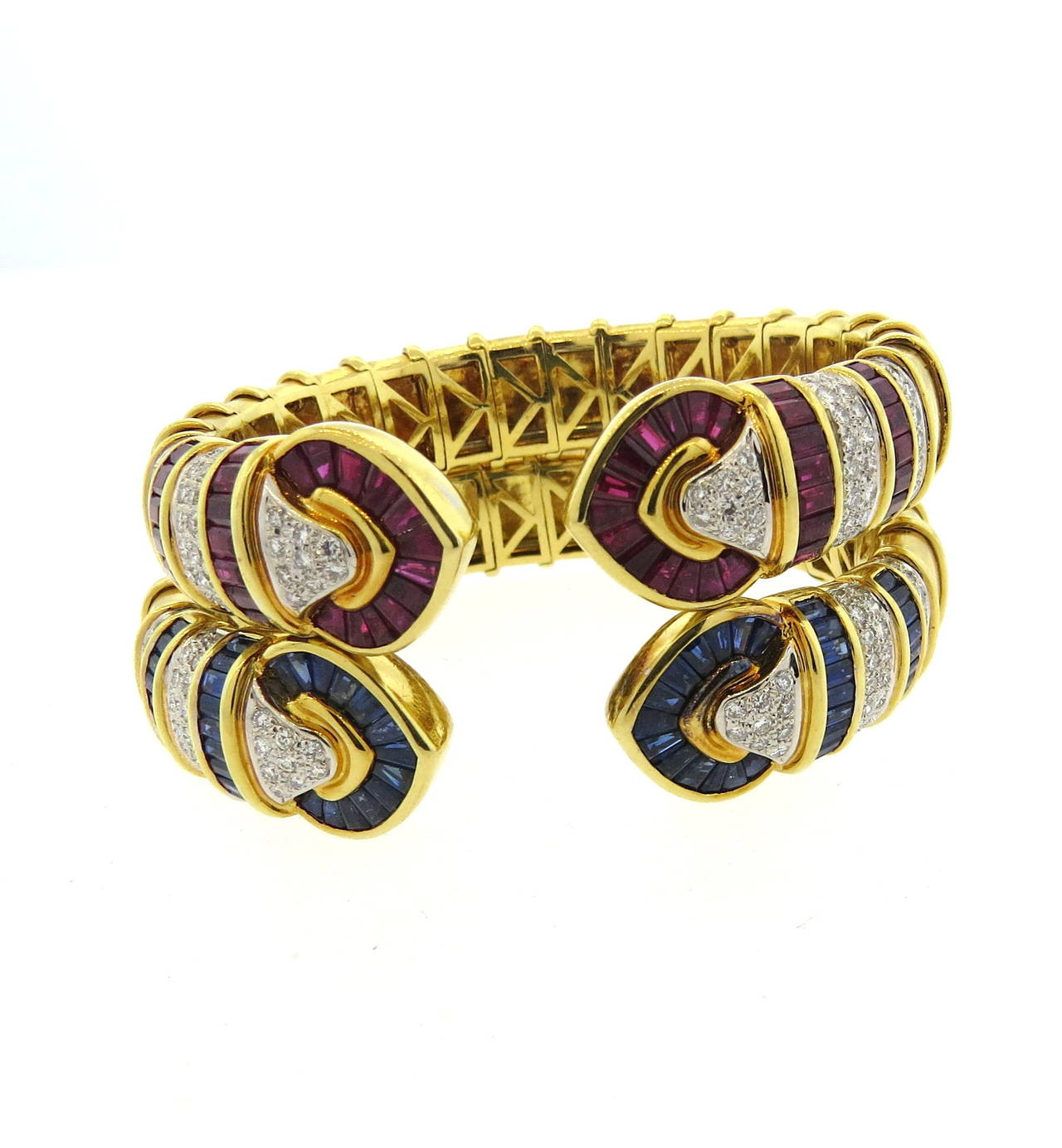 Women's Fine Ruby Sapphire Diamond Gold Cuff Bracelet Set