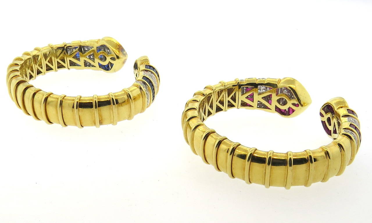 Fine Ruby Sapphire Diamond Gold Cuff Bracelet Set 1