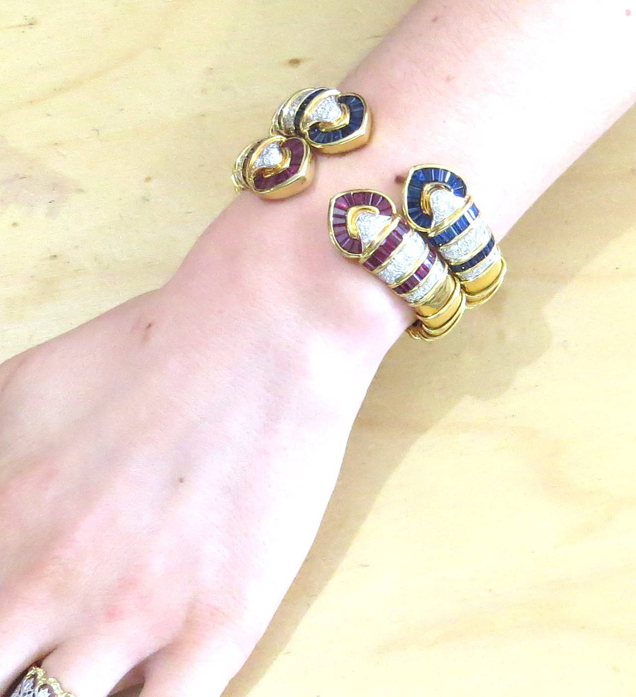 Fine Ruby Sapphire Diamond Gold Cuff Bracelet Set In Excellent Condition In Lambertville, NJ