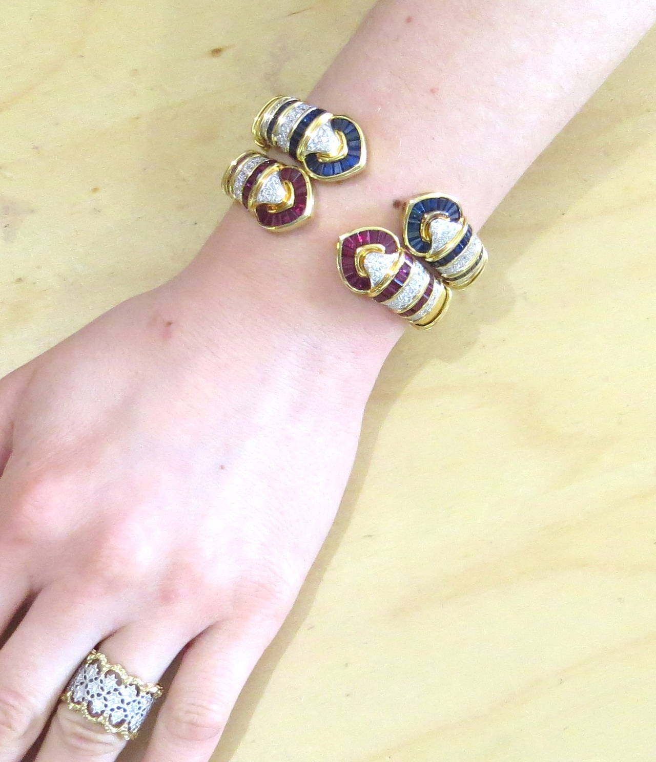 Fine Ruby Sapphire Diamond Gold Cuff Bracelet Set 2