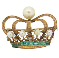 Antique Pearl Emerald Diamond Gold Crown Brooch Pin