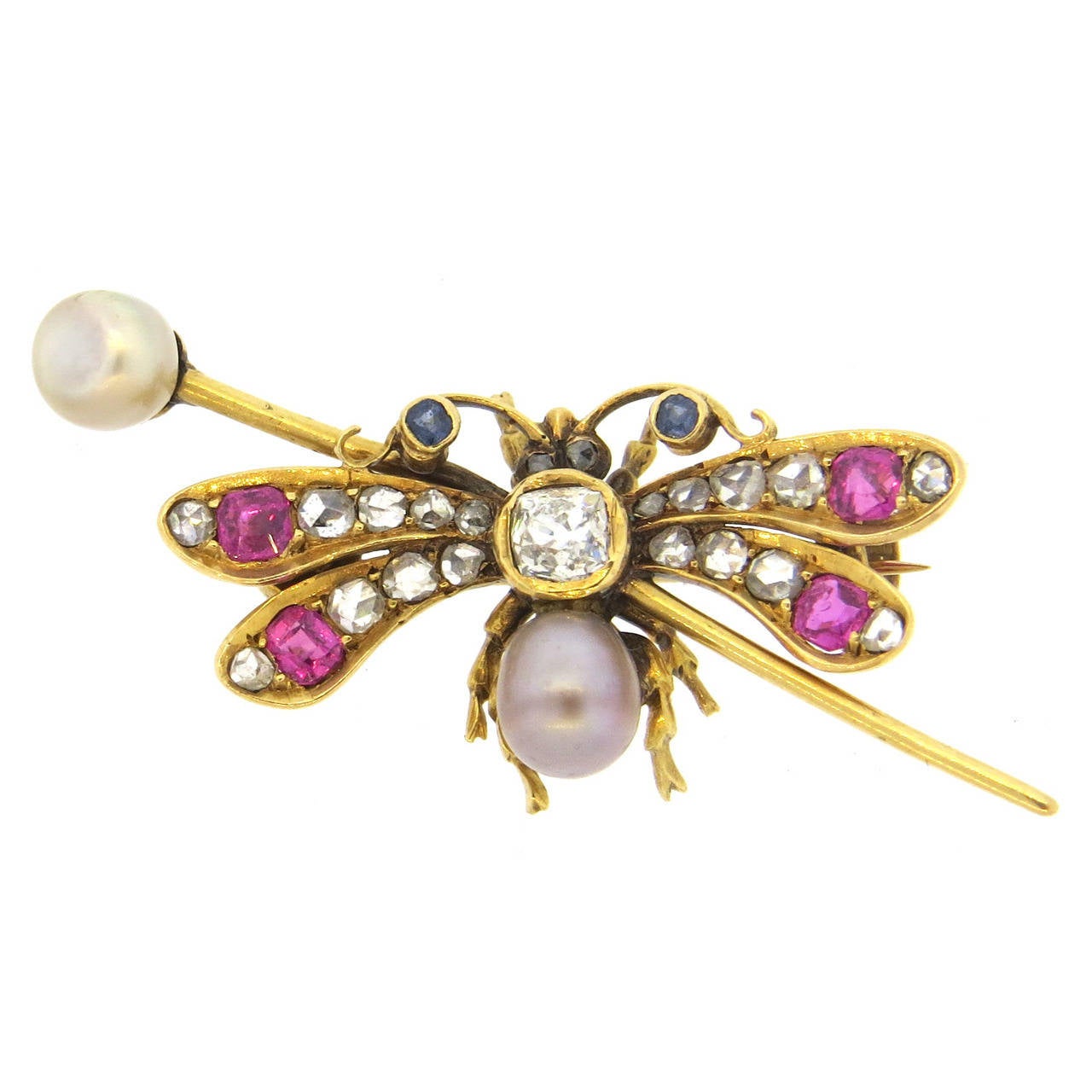 Antique Pearl Ruby Sapphire Gold Insect Pin Brooch