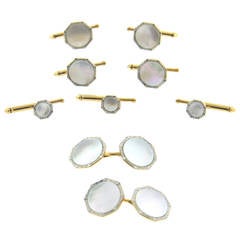 Antique Art Deco Larter & Son Mother of Pearl Gold Platinum Cufflinks Stud Dress Set