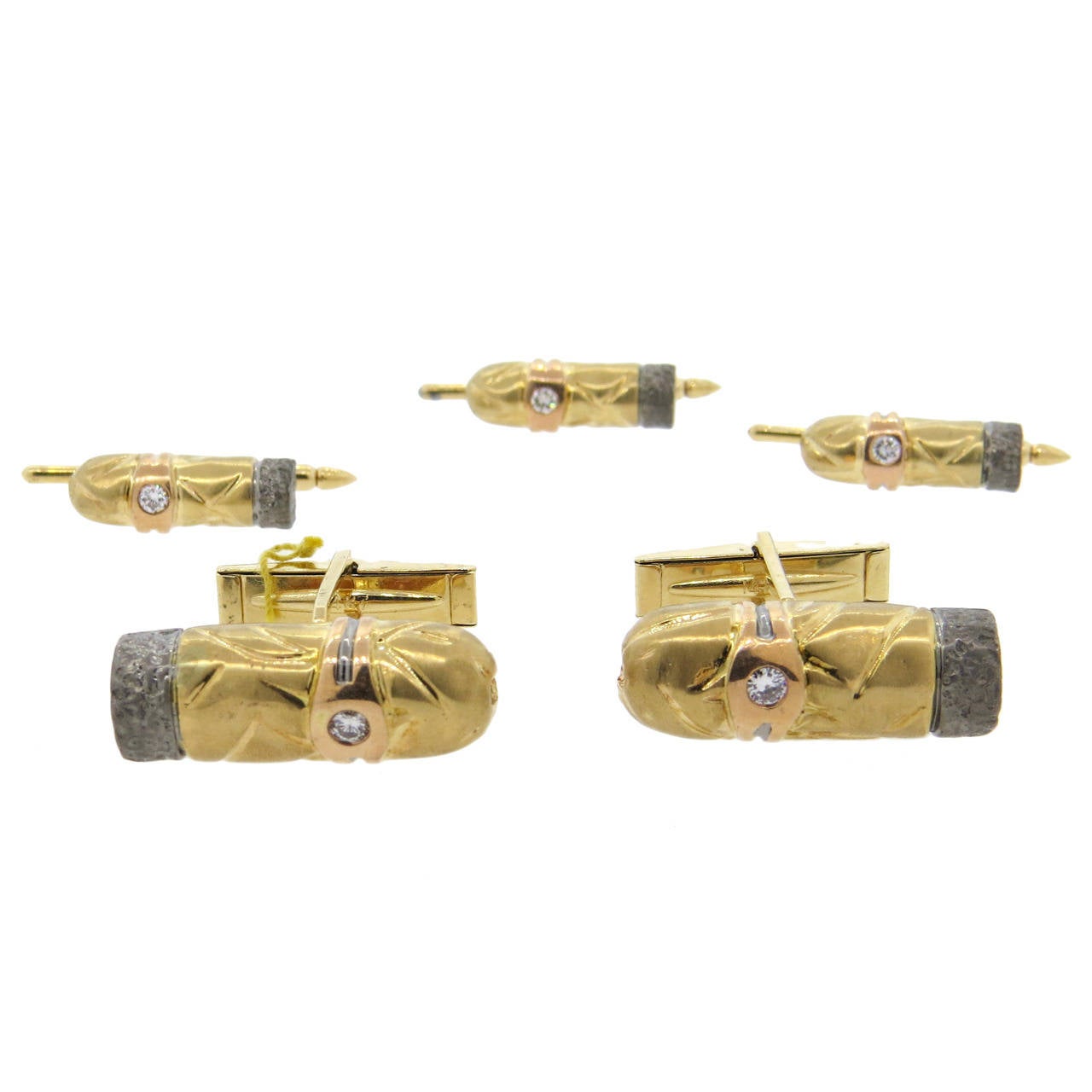 1970s Diamond Gold Cigar Cufflinks Stud Set