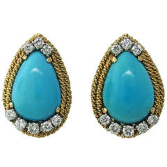 Classic 1960s Gold Turquoise Diamond Earrings