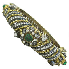 Fine Diamond Emerald Cabochon Silver Gold Bangle Bracelet 11