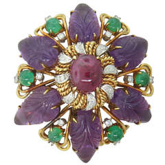 Large 1960s Gold Carved Amethyst Ruby Emerald Diamond Brooch