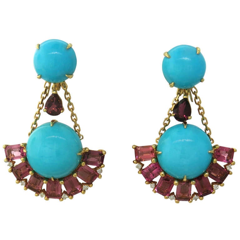 Turquoise Pink Tourmaline Turquoise Diamond Gold Earrings