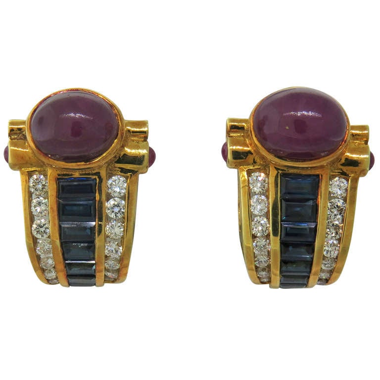 1980s Gold Ruby Cabochon Sapphire Diamond Earrings