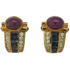 1980s Gold Ruby Cabochon Sapphire Diamond Earrings