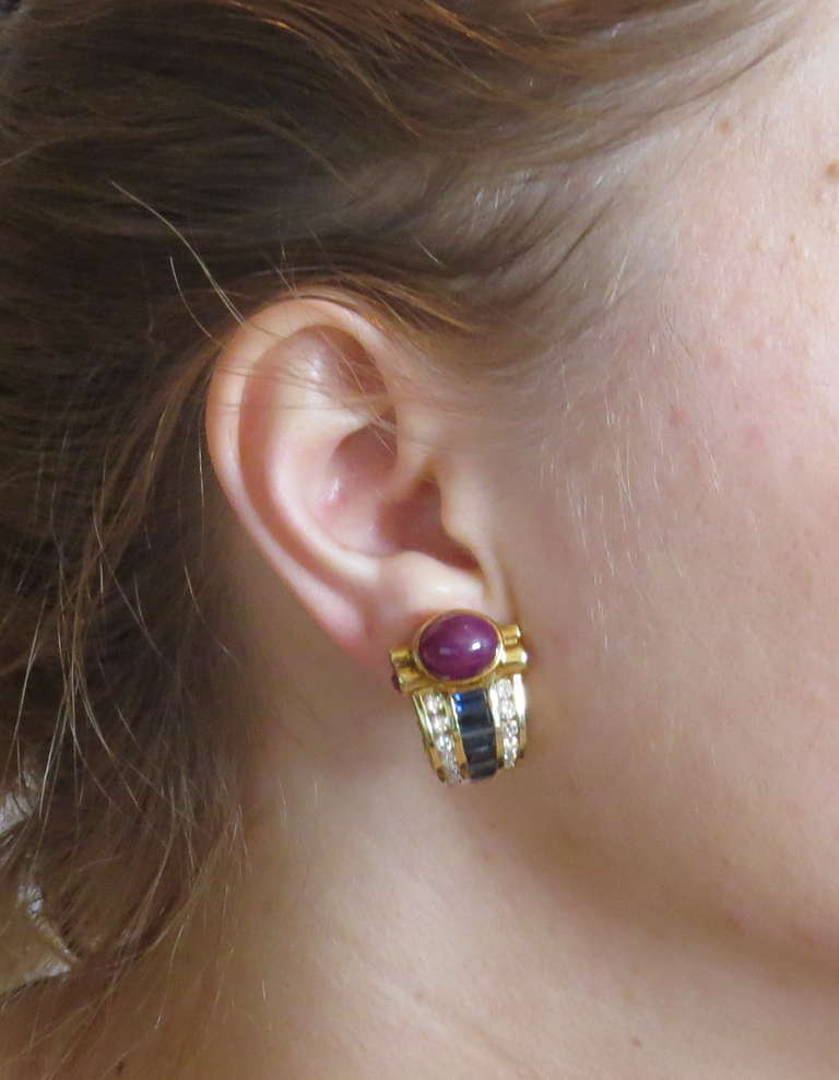 Women's 1980s Gold Ruby Cabochon Sapphire Diamond Earrings