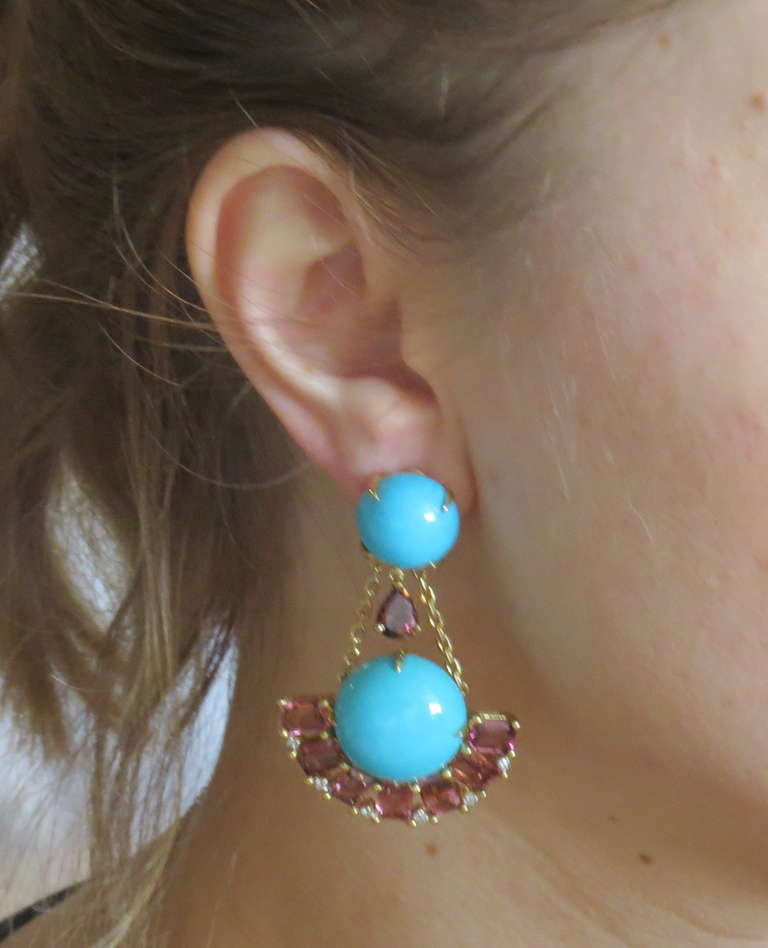Turquoise Pink Tourmaline Turquoise Diamond Gold Earrings 3